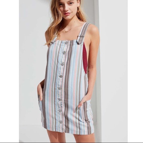 BDG Dresses & Skirts - BDG pink blue striped overall denim button dress